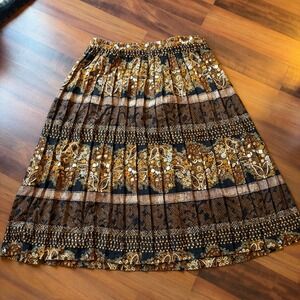 Vintage Bohemian Paisley Floral Pleated‎ Midi Skirt Size 8 Brown Gold Black